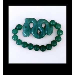 Green‎ Jadeite Jade Beaded Stretch Bracelet Carved Dragon Charm 10mm Beads